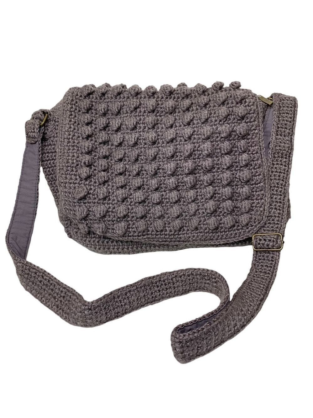 SIMONS Gray Knit Crossbody Bag Pom Pom Ajustable Shoulder Strap Zippered Tote